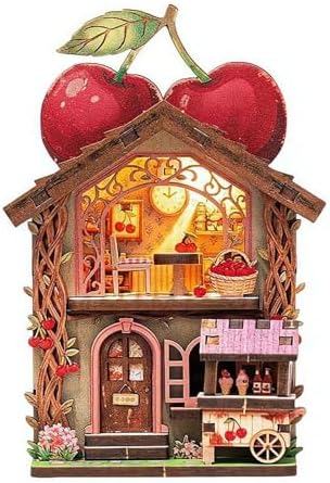 DIY Mini Wooden House Model Kit with LED Light, Magnetic Back Miniature Scene Decor, Compact Handmade Craft Ornament for Fridge Desktop Gift (Cherry)
