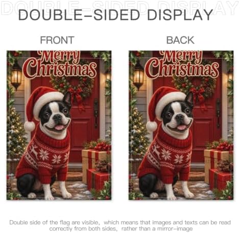 Merry Christmas House Flag 28x40 Inch Boston Terrier Santa Hat Red Sweater Wreath Gift Holiday Farmhouse Outdoor Yard Lawn Front Porch Welcome Double Sided Banner Decor