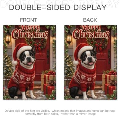 Merry Christmas House Flag 28x40 Inch Boston Terrier Santa Hat Red Sweater Wreath Gift Holiday Farmhouse Outdoor Yard Lawn Front Porch Welcome Double Sided Banner Decor