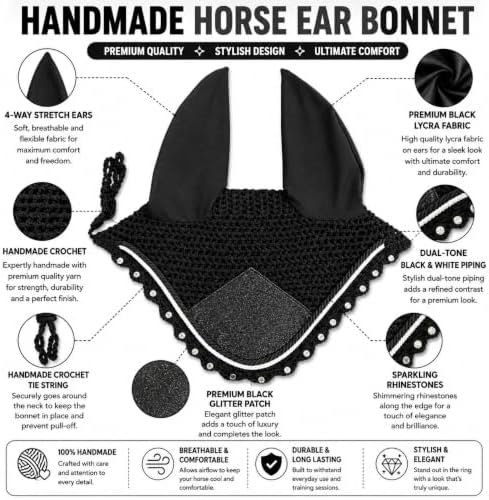 Horse Ear Bonnet for Horses – Handmade Crochet Fly Veil with Crystal Stones, Glitter Patch, Breathable Stretch Ears, Horse Fly Bonnet Ear Bonnet for Riding (Black, Pony)