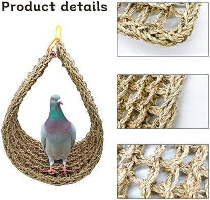 Bird Seagrass Mat 39.4×7" Long Natural Macaw Woven Net Hammock Hanging on Parrot Cage with Hooks Climbing Ladder Swing Chew Toys for Cockatoo Large Parrot Supplies