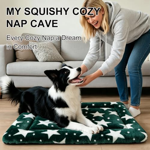 Dog Bed Mat, Reversible Crate Pad & Cute Dog Bed - Machine Washable Kennel Mat with Ultra Soft (Big&Small Stars Green, 30" L*20" W*1.5" Th)