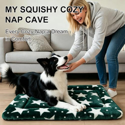 Dog Bed Mat, Reversible Crate Pad & Cute Dog Bed - Machine Washable Kennel Mat with Ultra Soft (Big&Small Stars Green, 30" L*20" W*1.5" Th)