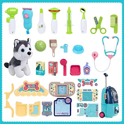 Magic4U Pet Care Carrier Suitcase Toy, 29 Pcs Veterinarian Playset for Kids