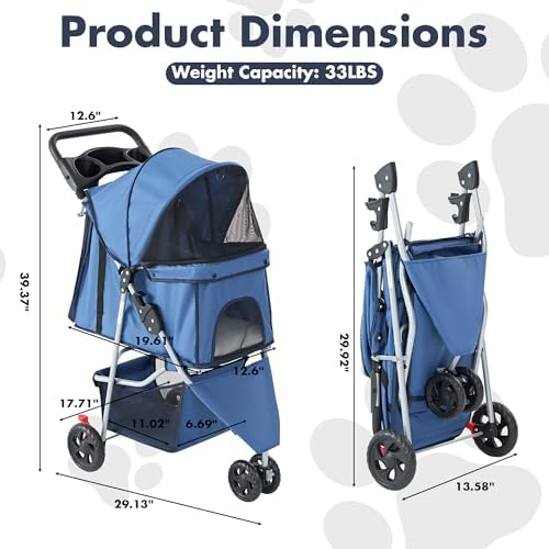 3 Wheel Pet Stroller for Dogs and Cats, Foldable Design