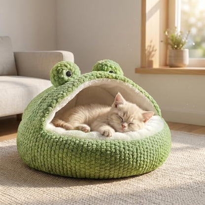 CWV Cute Cat Beds Kitten Beds, Soft Small Dog Beds, Washable Pet Beds for Puppy and Kitty, Funny Frog Cat Cave, 23 Inches