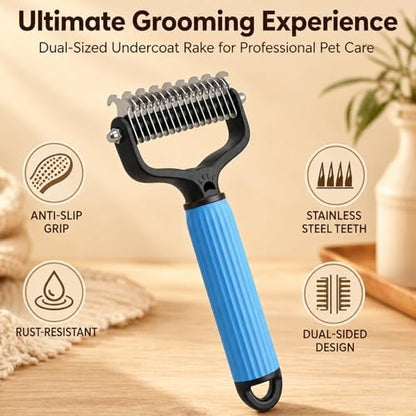 2PCS Pet Grooming Combo - Blue Deshedding Brush with Metal Comb for Detangling and Dematting Long, Matted Fur on Cats and Dogs (2PCS-A)