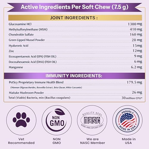 Petscy Longevity Hip & Joint + Immune Support for Dogs - Large (7.5g Chew) - High Dose Glucosamine, MSM, Chondroitin, Green Lipped Mussel, Omega 3, Probiotics - 30 Chews (Large Dogs)