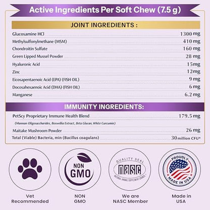 Petscy Longevity Hip & Joint + Immune Support for Dogs - Large (7.5g Chew) - High Dose Glucosamine, MSM, Chondroitin, Green Lipped Mussel, Omega 3, Probiotics - 30 Chews (Large Dogs)