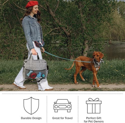 Dog Travel Bag - Cat and Dog Storage Organizer with Pockets, Mat, 2 Food Containers, and 2 Large Collapsible Travel Pet Bowls by PETMAKER (Gray)