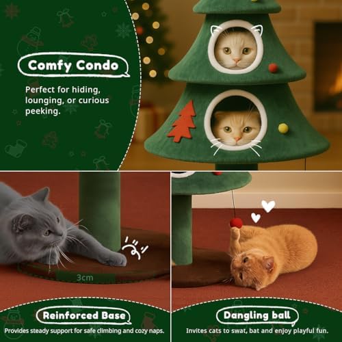 COMHOMA Christmas Cat Tree with 2 Cozy Houses,52" Holiday Cat Tower with Anti-Tip Safety,Festive Indoor Cat Climbing Furniture with Dangling Balls,Cat House and Climbing Tower for Kittens