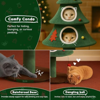 COMHOMA Christmas Cat Tree with 2 Cozy Houses,52" Holiday Cat Tower with Anti-Tip Safety,Festive Indoor Cat Climbing Furniture with Dangling Balls,Cat House and Climbing Tower for Kittens