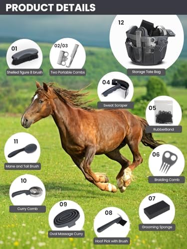 Horse Grooming Kit 12 Pieces Set – Complete Horse Brushes & Care Supplies Set with Organizer Tote Bag, Equine Coat Grooming Tools, Tack Room Equipment & Gifts for Horse Owners & Lovers
