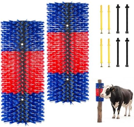 VEVOR Livestock Scratching Brush, 2PCS Goat Scratcher Brush Post with 8 Screws, 16.9" x 7.5" Cow Scratcher for Back Itch Relief, Massage Grooming Scratch Tool for Horse Cattle Sheep Pig, Blue & Red