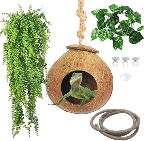 kathson Gecko Coco Hut Lizard Coconut Hide Cave Natural Coconuts Husk Reptile Hanging Nest Habitat Decor Bearded Dragon Terrarium Accessories for Crested Gecko Chameleon Snake Spider (4 PCS)
