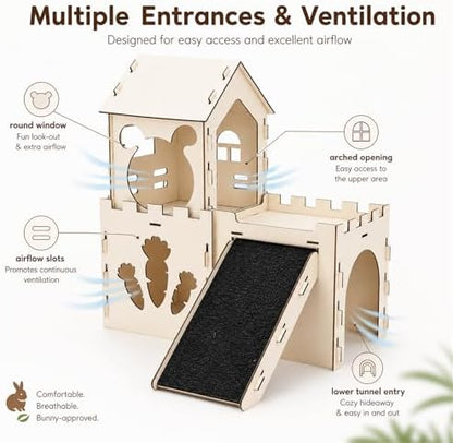 Large Bunny House and Hideouts, Wooden Dual-Layer Rabbit Castle with Stair, Sturdy Habitat for Guinea Pig Chinchilla Ferret (Extra Large-3 House with Anti-Slip Ramp)
