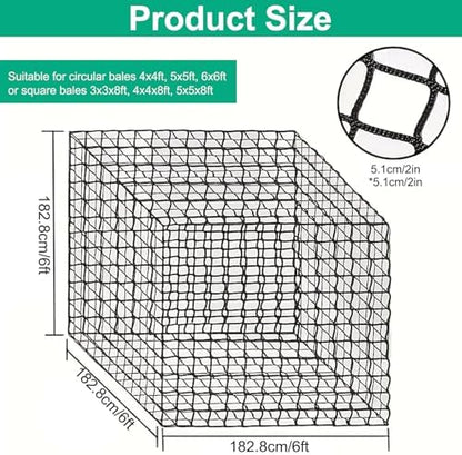 6x6 ft Square Bale Hay Net for Horses, 1.7 inch Hole Knotless