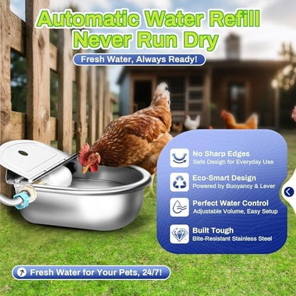 Automatic Animal Drinking Water Bowl with Float Valve, Extended Pipe,3L Stainless Steel Waterer Feeder Farm Dog Dispenser Kit Self Filling for Livestock Horse Goat Water Trough
