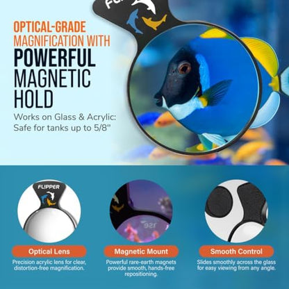 Flipper DeepSee 4" Magnetic Aquarium Viewer – Optical-Grade Magnifying Lens for Glass & Acrylic Tanks up to 5/8" Thick – Hands-Free Underwater Viewing for Fish, Corals & Aquarium Photography – Black