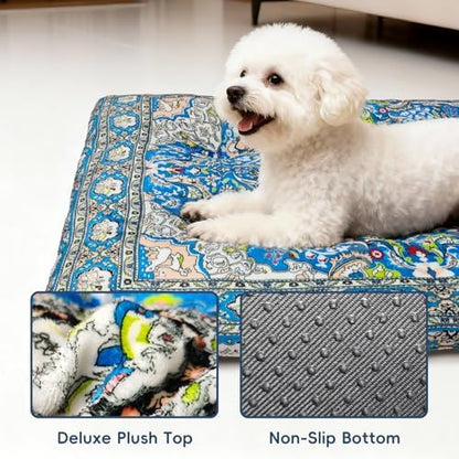 Washable Dog Crate Bed, Pet Cushions, Ultra Soft & Anti-Slip Crate Pad, Cozy Kennel Mat for Large/Medium/Small Dogs, Plush & Bohemian Dog Bed (Blue, 34.0" L x 22.0" W x 2.3" H)