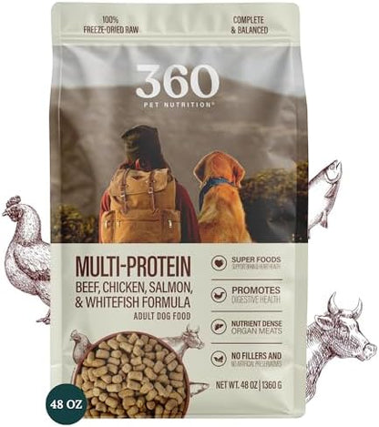 360 Pet Nutrition Freeze-Dried Raw Dog Food – Multi-Protein with Beef, Chicken, Fish, Liver & Organs, High Protein, Omega-3s, Fruits, Veggies & Superfoods, Grain-Free, No Fillers, 3 lb – Made in USA