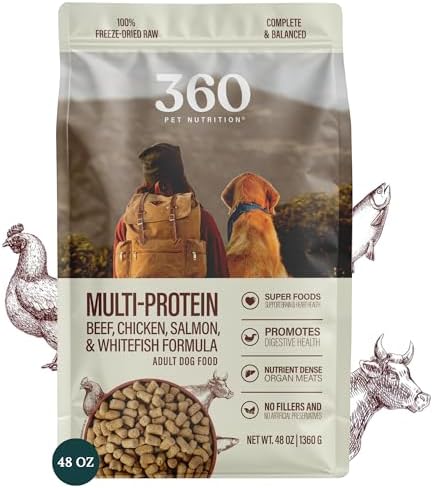 360 Pet Nutrition Freeze-Dried Raw Dog Food – Multi-Protein with Beef, Chicken, Fish, Liver & Organs, High Protein, Omega-3s, Fruits, Veggies & Superfoods, Grain-Free, No Fillers, 3 lb – Made in USA