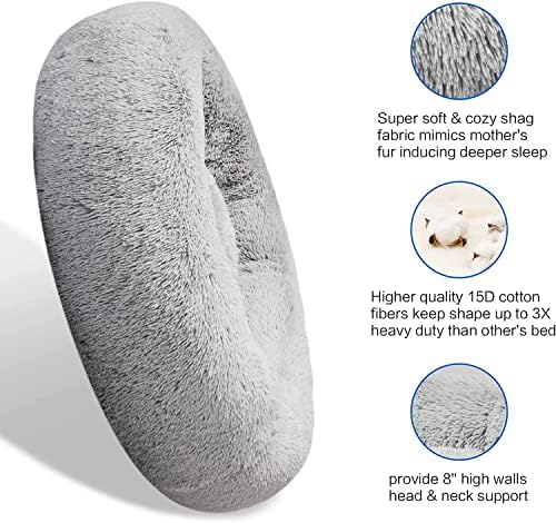 SAVFOX 20 inches Calming Donut Dog Bed - 3X Durable Plush Faux Fur, Machine Washable & Non-Slip, Fits up to 15 lbs, Light Grey