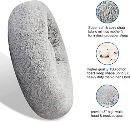 SAVFOX 20 inches Calming Donut Dog Bed - 3X Durable Plush Faux Fur, Machine Washable & Non-Slip, Fits up to 15 lbs, Light Grey
