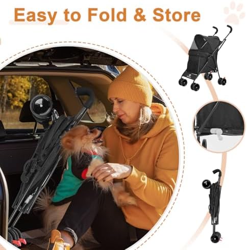 Wedyvko Umbrella Dog Stroller, Travel Portable Pet Stroller for Small Puppy Dogs & Cats, Up to 33 lbs, Black