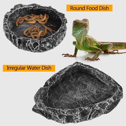 Reptile Water Dish Food Bowl for Bearded Dragon Tank Accessories, Reptile Rock Feeder for Tank 2 Pack Corner Resin Terrarium Bowl for Leopard Gecko Hermit Crab Tortoise Snake, Black