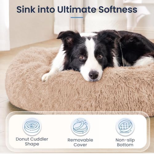 JOLLYVOGUE Calming Washable Dog Bed Medium Size Dog, 31 Inch Donut Medium Dog Bed with Removable Cover, Anti-Slip Round Fluffy Faux Fur Bed, Fits up to 45 lbs Pets, Camel