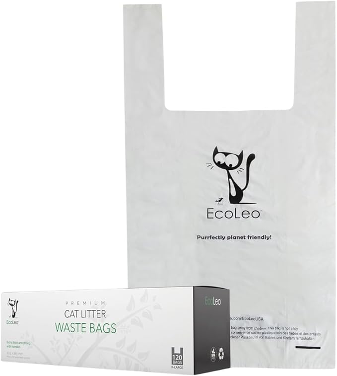 EcoLeo Cat Litter Waste Poop Bags - X-Large, Thick, Leak Resistant, Pet/Dog Poo Bags with Easy-Tie Handles,10.5 x 18.5 inch, White
