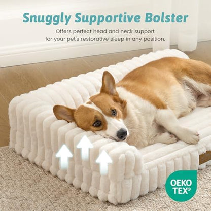 COZY KISS Faux Rabbit Fur Small Dog Bed – 30"x20" Orthopedic Foam Couch with Sides, Removable Washable Cover & Waterproof Lining, Cream