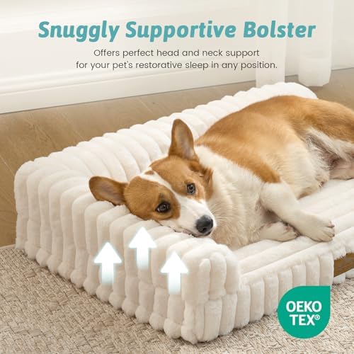 COZY KISS Faux Rabbit Fur Medium Dog Bed – 36"x27" Orthopedic Foam Couch with Sides, Removable Washable Cover & Waterproof Lining, Cream