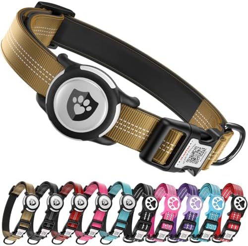 Waterproof AirTag Dog Collar with QR Code Dog Tag, Champagne XS