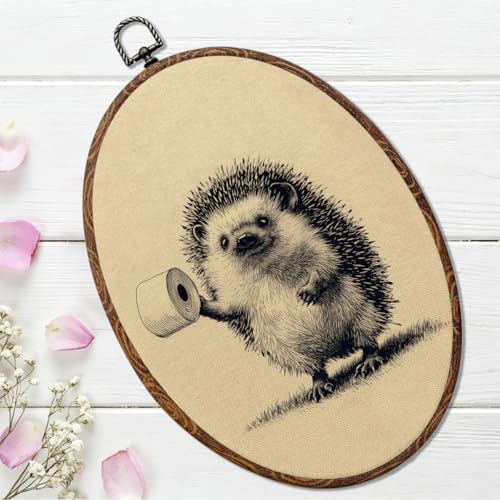 Funny Bathroom Oval Framed Wall Art, Vintage Hedgehog Canvas Art Wall Decor，Cottagecore Bathroom Hanging Decor Painting Artwork for Home Farmhouse Bedroom Living Room Office Toilet 8.3x12inch