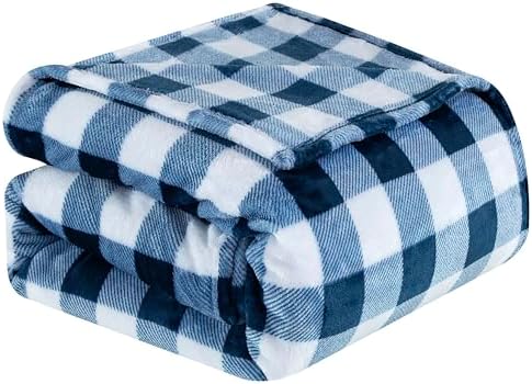Elegant Comfort Velvet Touch Ultra Plush Christmas Holiday Buffalo Plaid Fleece Throw/Blanket-50 x 60inch, Buffalo Navy