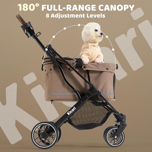 All-Terrain Dog Stroller for Small to Medium Dogs, Pet Stroller for Dogs & Cats Outdoor Walks, One-Hand Easy Fold, Double-Layer Anti-UV & Waterproof Canopy & Breathable Mesh, Mocha Brown