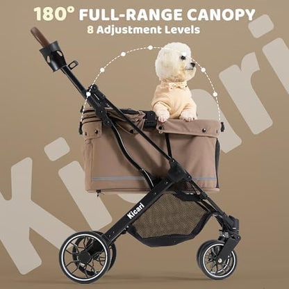 All-Terrain Dog Stroller for Small to Medium Dogs, Pet Stroller for Dogs & Cats Outdoor Walks, One-Hand Easy Fold, Double-Layer Anti-UV & Waterproof Canopy & Breathable Mesh, Mocha Brown