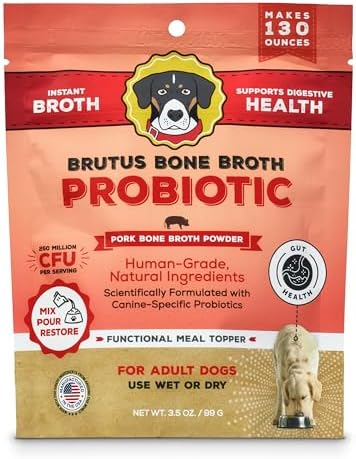 Brutus Broth Dog Food Topper - Instant Bone Broth Powder with Probiotics for Dogs’ Daily Digestive Health - Human-Grade Quality, Serve Dry or Wet - Pork Flavor, 3.5 oz (Pack of 1)