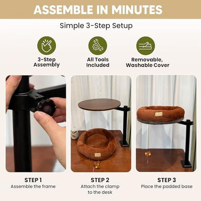 Cat Desk Bed - Sturdy Desk Mount for Office & Home, 360° & Height Adjustable Cat Bed for Desk Attachment, Supports 33 lbs, Dual Use Floor & Desk Nest, Washable Stylish Two-Tone Faux Fur