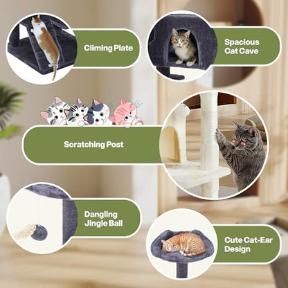 54 Inches Cat Tree Tower Condo Furniture, Multi-Level Cat Tower Condo Activity Center for Indoor Cats, Climbing Tree Cat House Padded Plush Perch, Kittens Pet Play House with Pom-pom, Pink