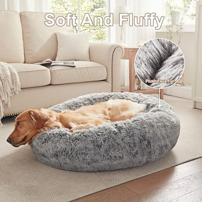 36 inches Faux Fur Fluffy Donut Dog Bed for Large Dogs,Dark Grey