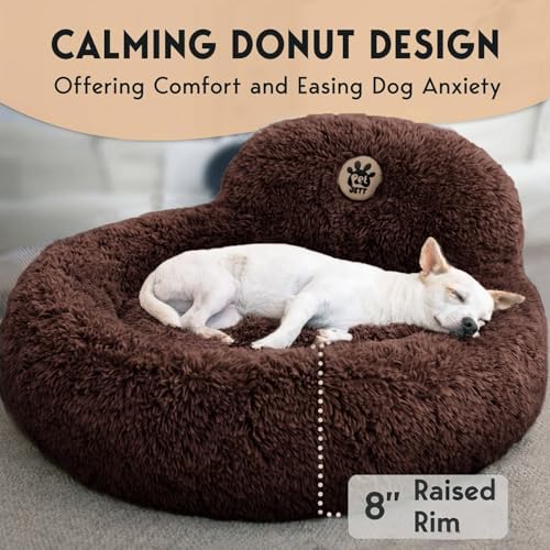 PetJett Calming Dog Bed Medium Size Dog - 30'' Donut Bed, Anti-Slip & Washable Super Soft Fluffy Plush Round Bed, Anti-Anxiety Premium Comfort Pet Bed, Fits Dogs up to 45 lbs - Brown