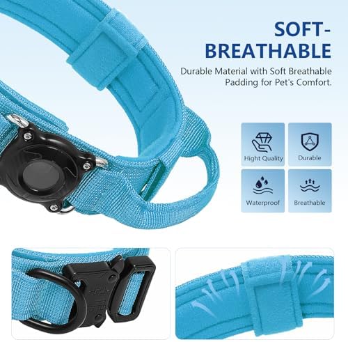 Tactical Airtag Dog Collar Waterproof - Adjustable Nylon Training Collar with Secure Airtag Holder, Control Handle & Quick-Release Buckle for Medium Large Dogs (Blue, XL)