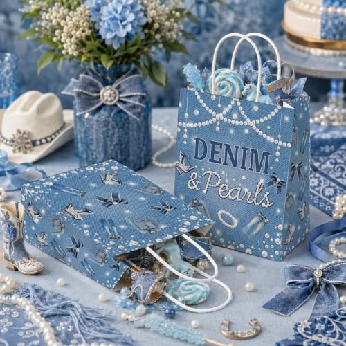 Greencian 16Pcs Denim and Pearls Party Favor Bags Jeans Pearl Goodie Bags