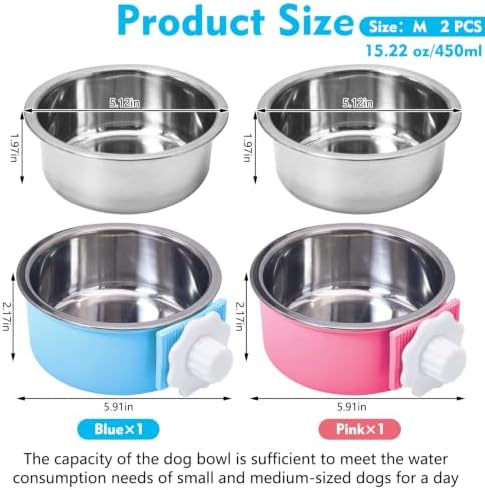 kathson Crate Dog Bowl, Removable Stainless Steel Hanging Pet Cage Bowl Food & Water Feeder Coop Cup for Cat, Puppy, Birds, Rats, Guinea Pigs (2 PCS, Size: M, Blue and Pink)