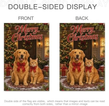 Christmas Pet Garden Flag 12x18 Inch Merry Holiday Golden Retriever Orange Cat Red Bows Tree Gifts Snowy Farmhouse Outdoor Yard Lawn Porch Double Sided Banner Welcome Decor