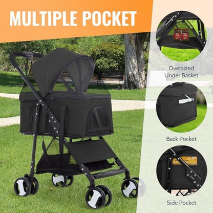 FDW 4-Wheels Multi-Function Dog Stroller Jogger with Detachable Carrier, Lightweight Travel Stroller for Small & Medium Pets, Black