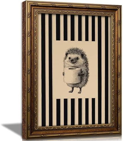 Vintage Gold Framed Funny Bathroom Wall Art, Hedgehog Holding Toilet Paper Canvas Print, Black and White Striped Funny Animal Sketch Wall Decor, Antique Rustic Farmhouse Poster Artwork for Restroom